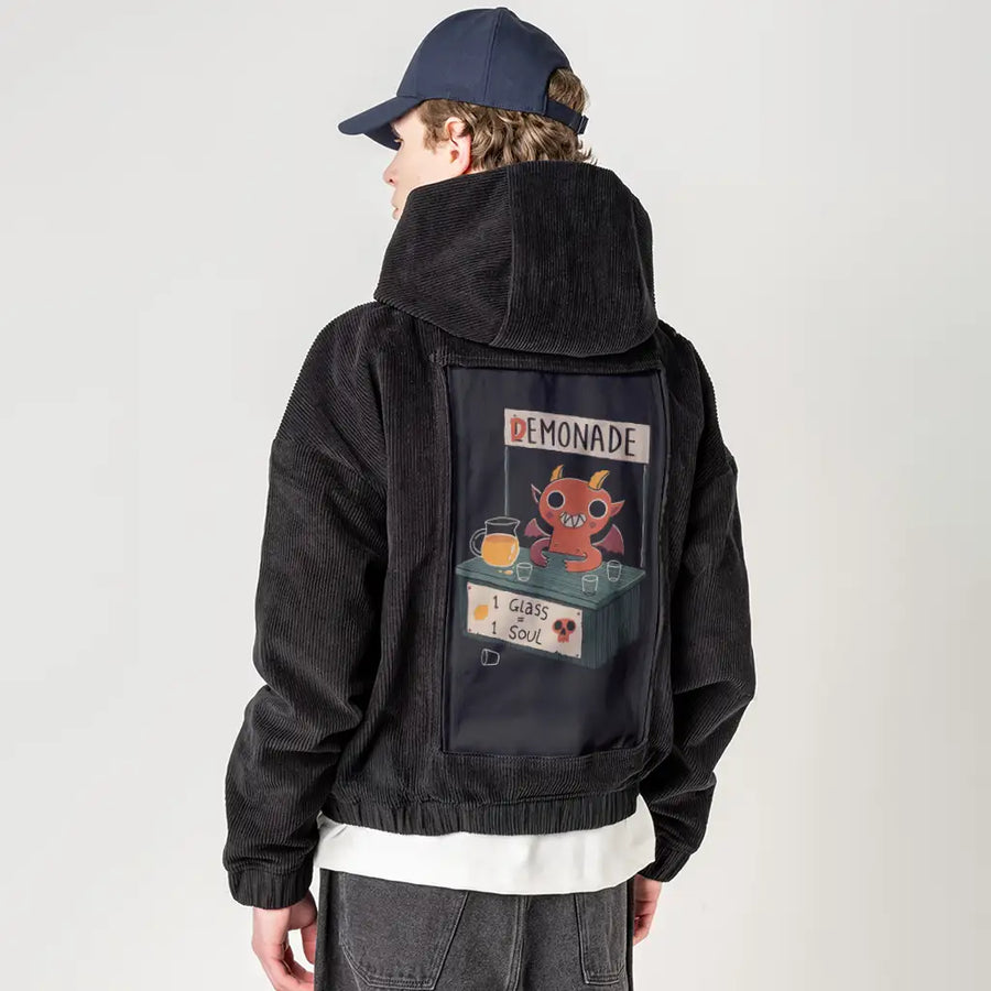 demonade patch on male retro cord hoodie in onyx