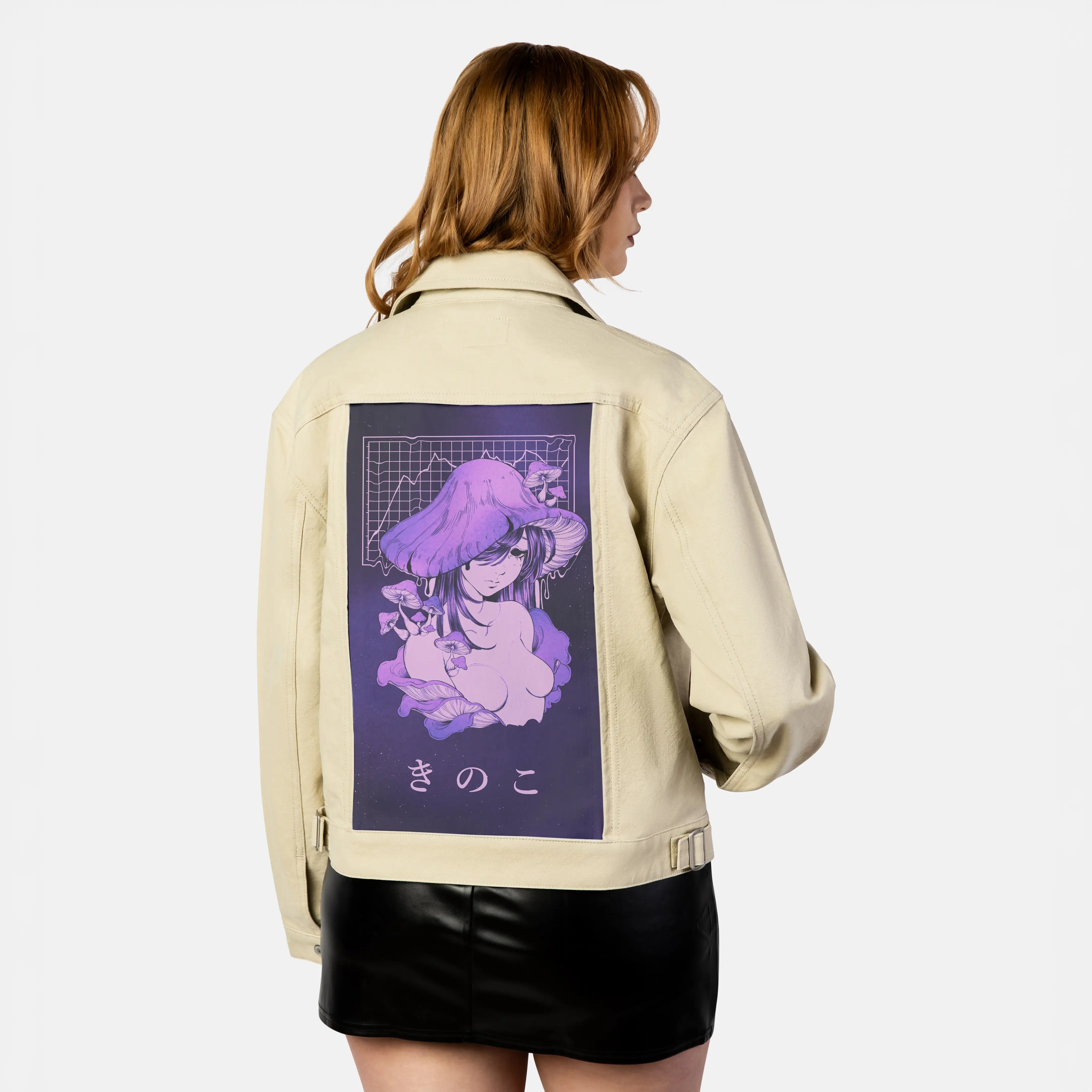 depresshroom patch on female atelier canvas jacket in tan