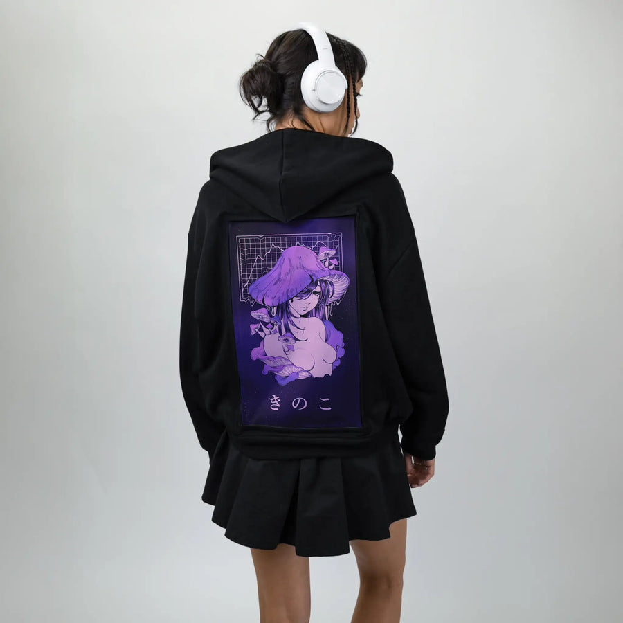 depresshroom patch on female essential zip hoodie in after hours