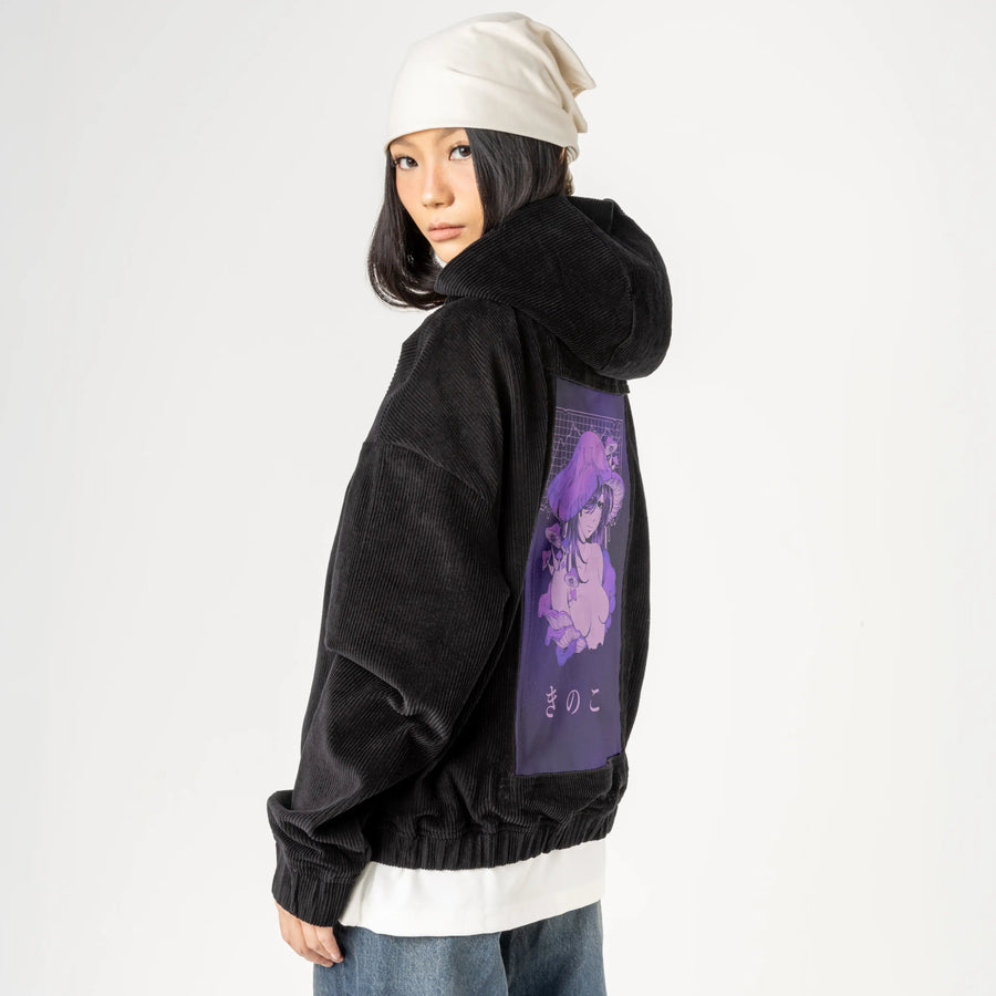 depresshroom patch on female retro cord hoodie in onyx