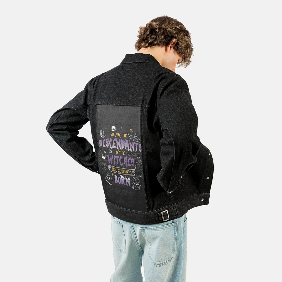 descendantsofwitches patch on male og denim jacket in raven