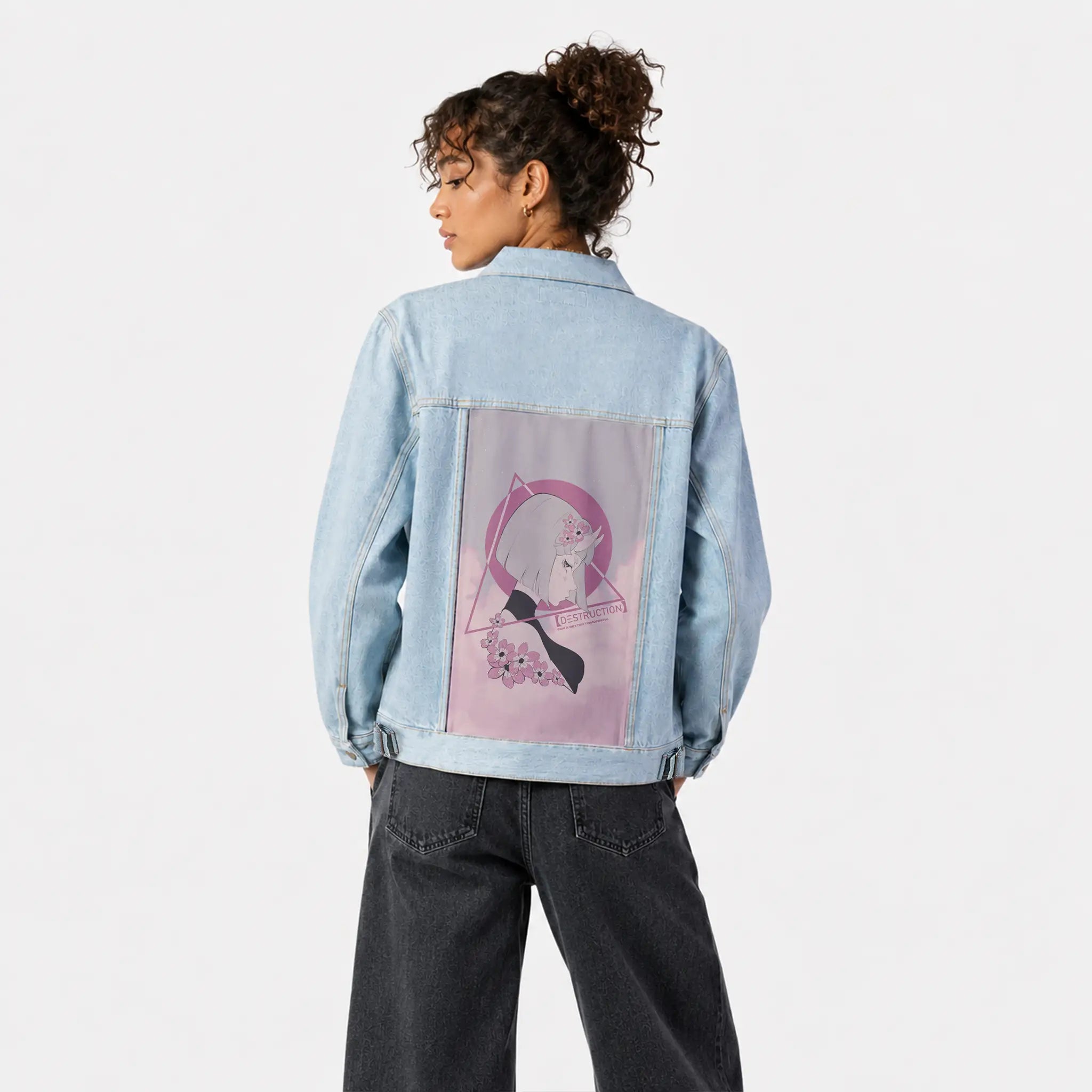 destruction patch on female og denim jacket in oceanside