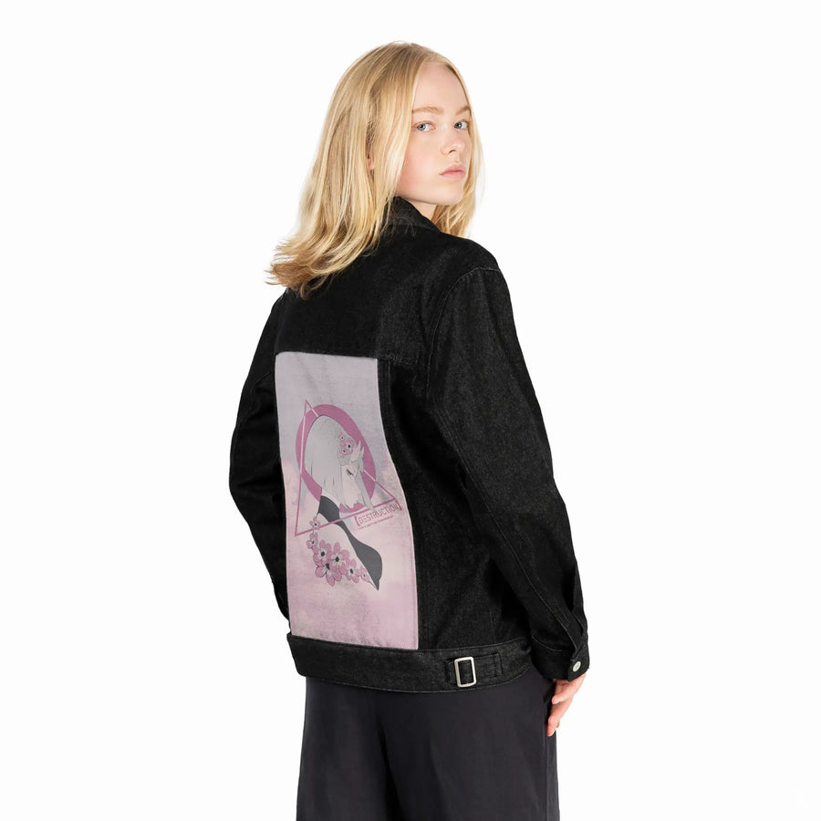 destruction patch on female og denim jacket in raven