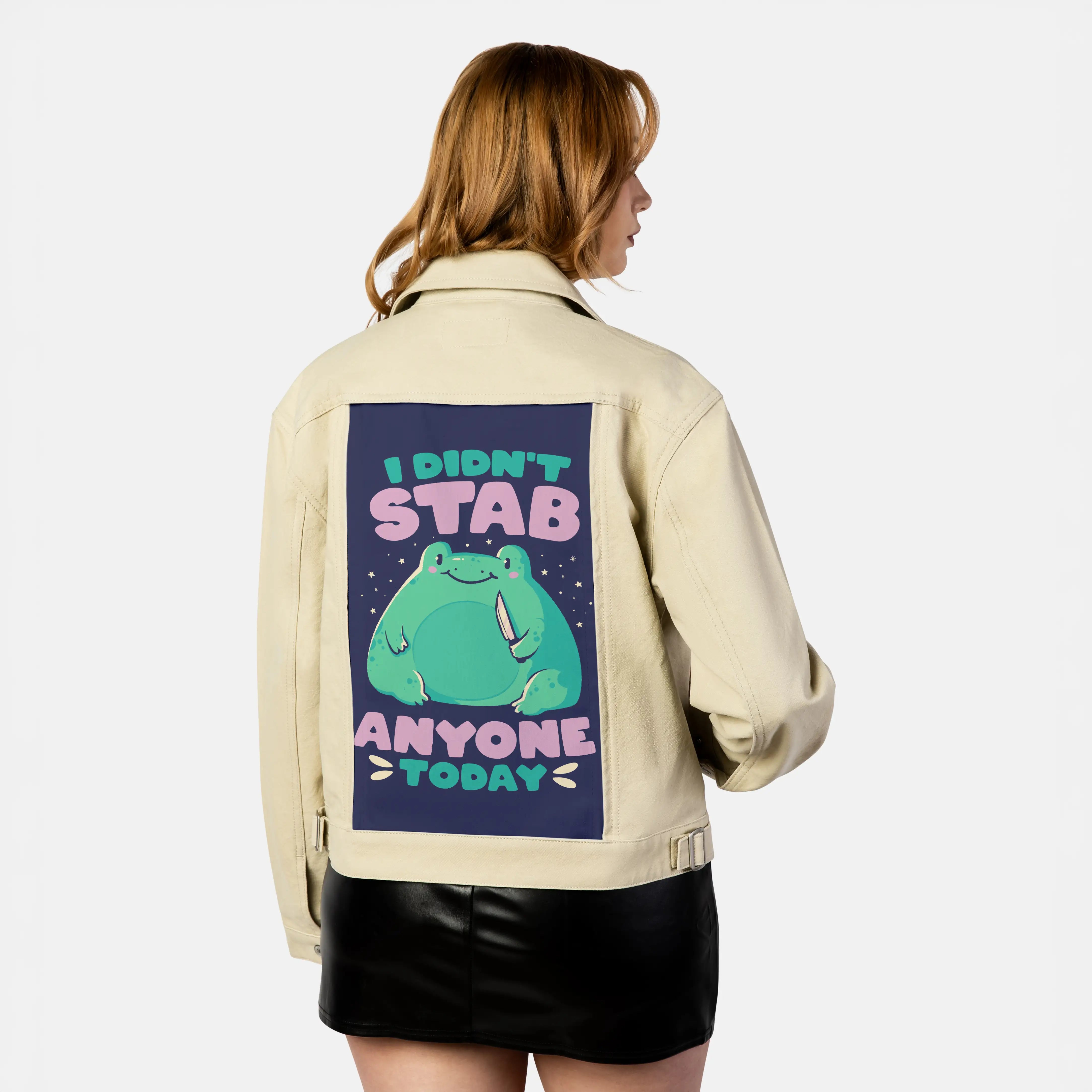 didntstab patch on female atelier canvas jacket in tan