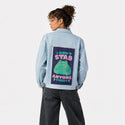 didntstab patch on female og denim jacket in oceanside