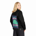 didntstab patch on female og denim jacket in raven