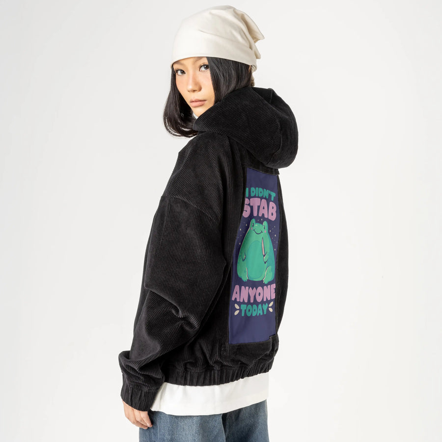 didntstab patch on female retro cord hoodie in onyx