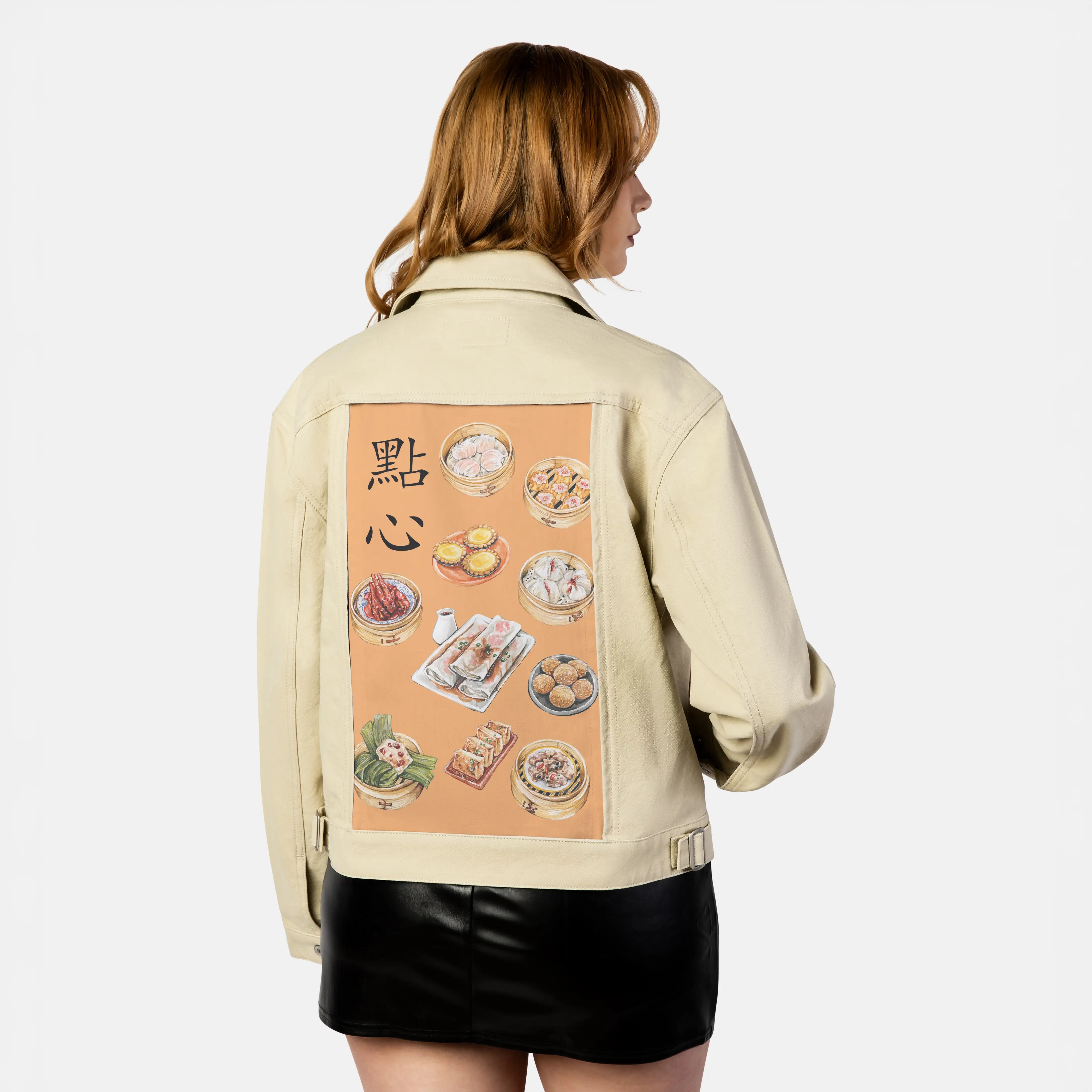 dimsum patch on female atelier canvas jacket in tan