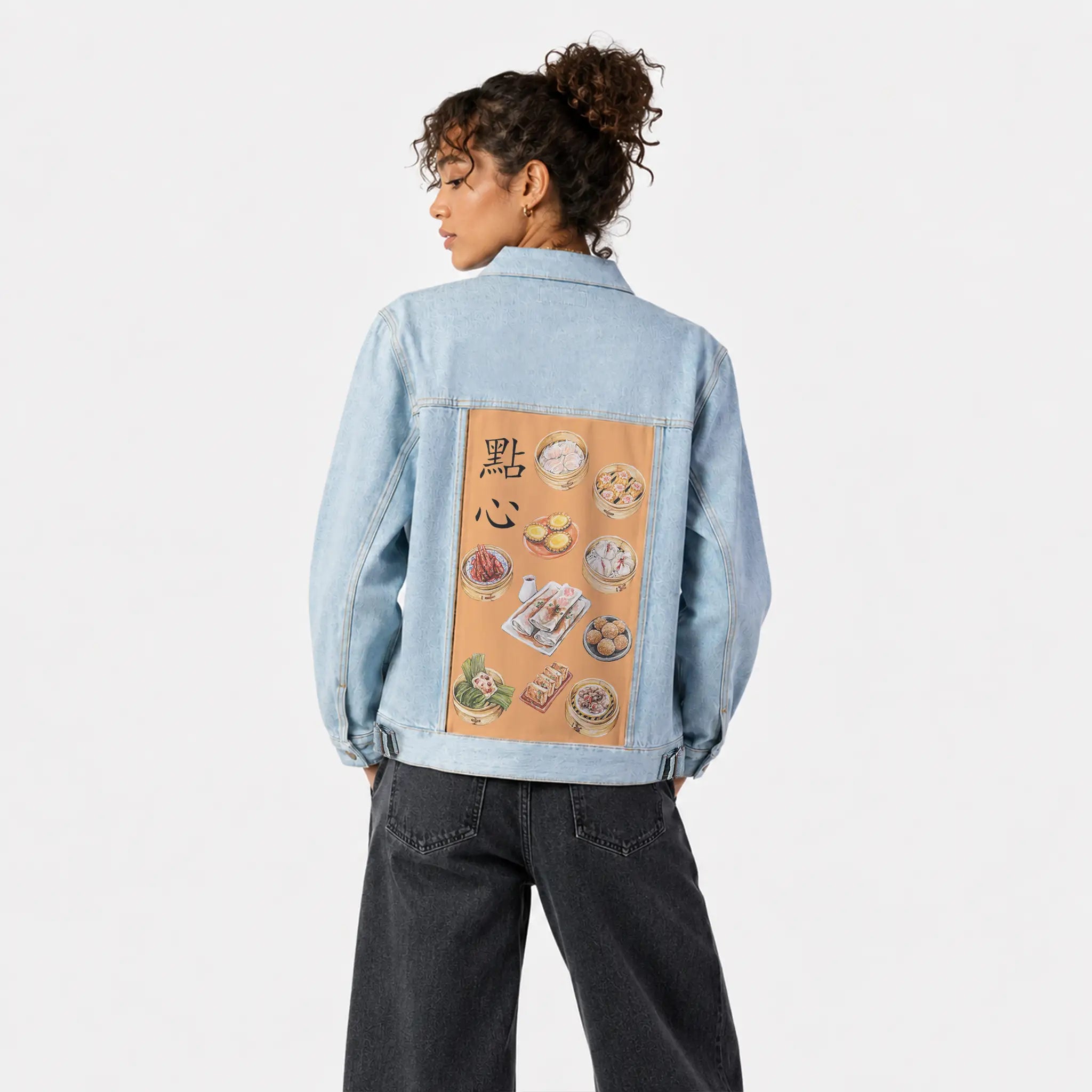 dimsum patch on female og denim jacket in oceanside