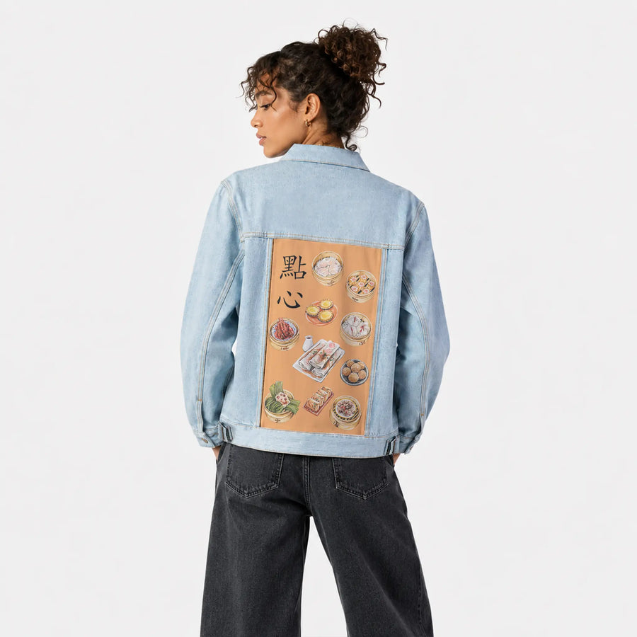 dimsum patch on female og denim jacket in oceanside