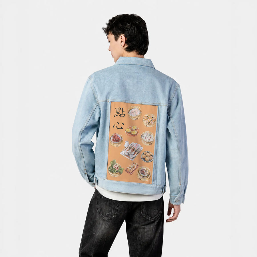 dimsum patch on male og denim jacket in oceanside