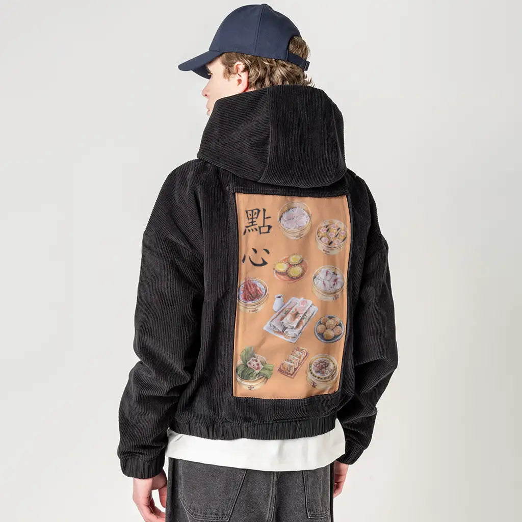 dimsum patch on male retro cord hoodie in onyx