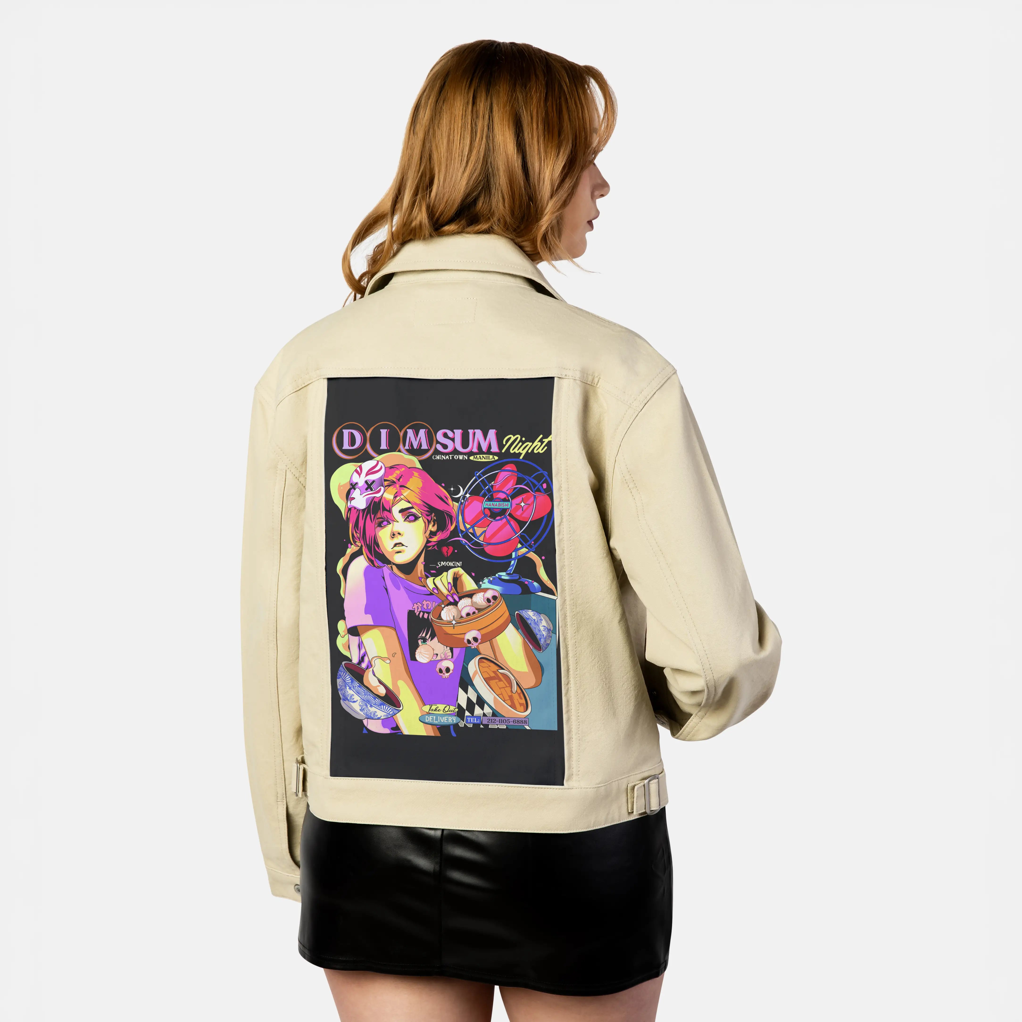 dimsumnight patch on female atelier canvas jacket in tan