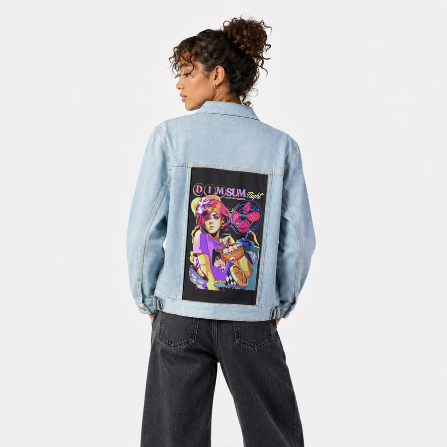 dimsumnight patch on female og denim jacket in oceanside