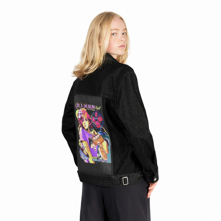 dimsumnight patch on female og denim jacket in raven