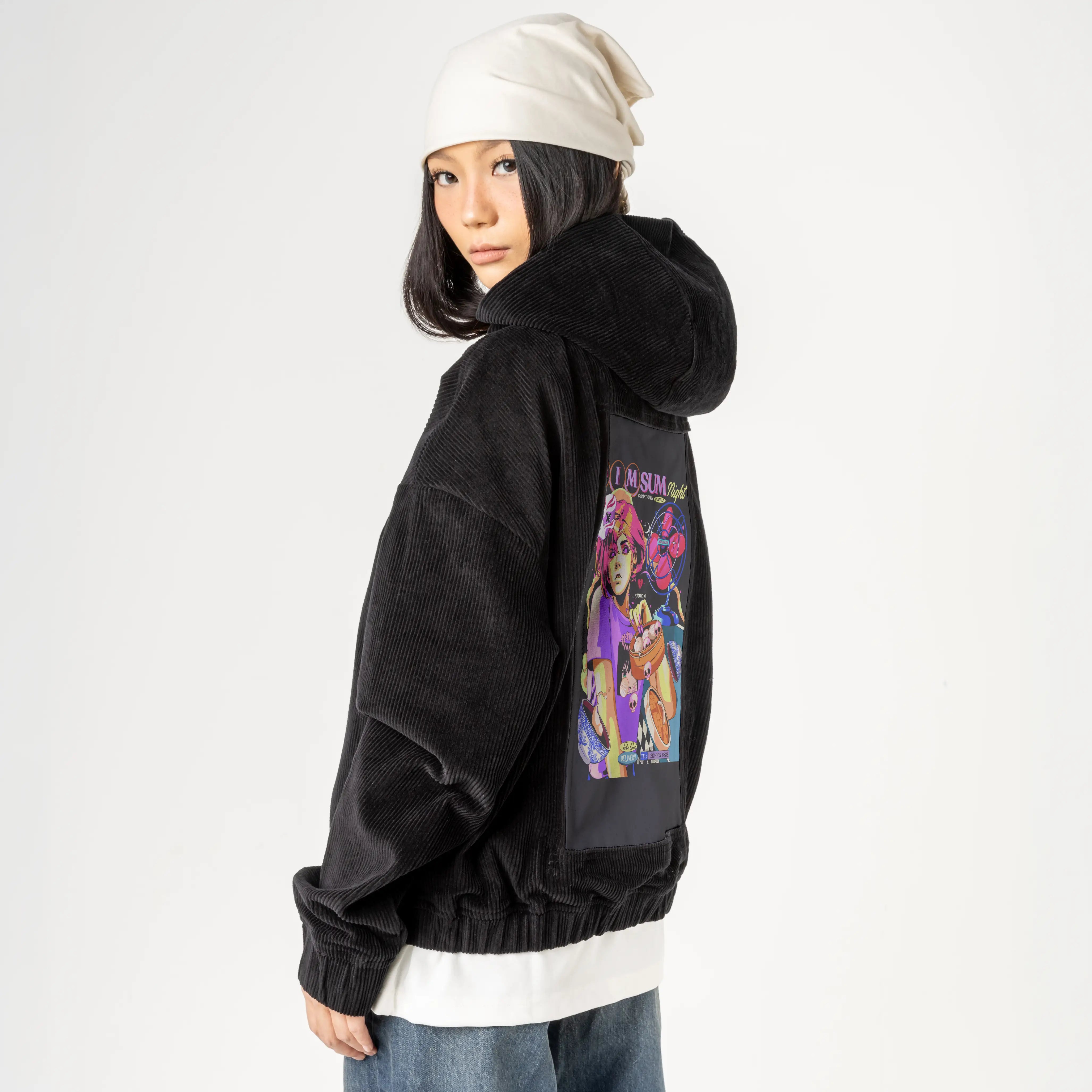 dimsumnight patch on female retro cord hoodie in onyx
