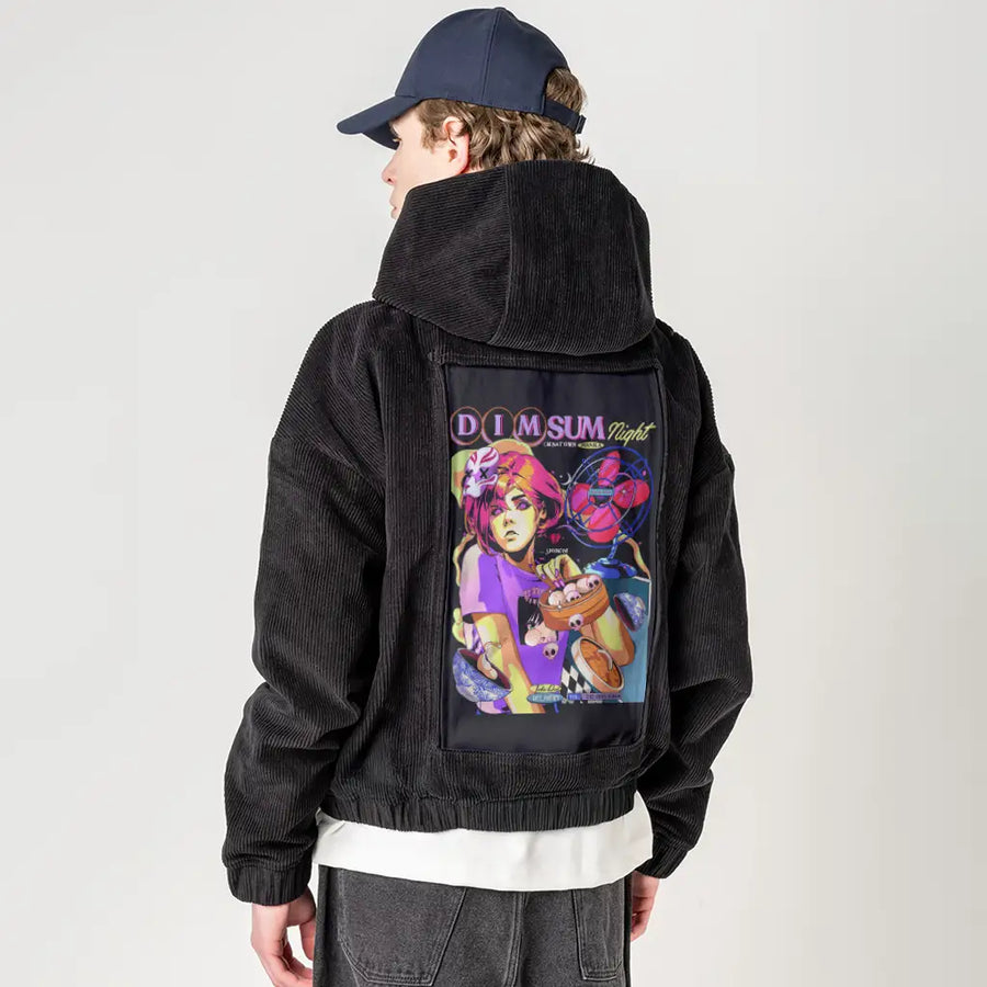 dimsumnight patch on male retro cord hoodie in onyx