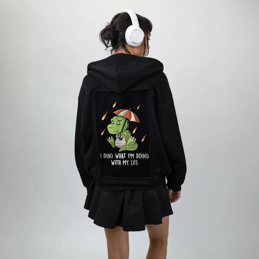 dinolife patch on female essential zip hoodie in after hours