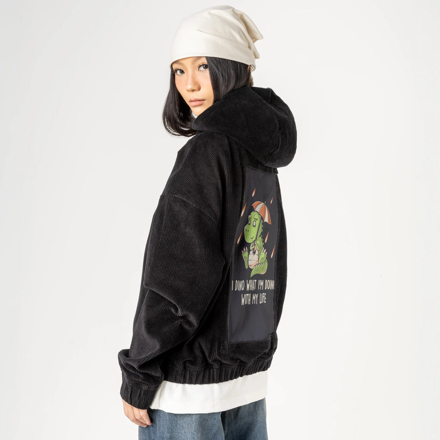 dinolife patch on female retro cord hoodie in onyx