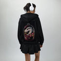 dinorelic patch on female essential zip hoodie in after hours