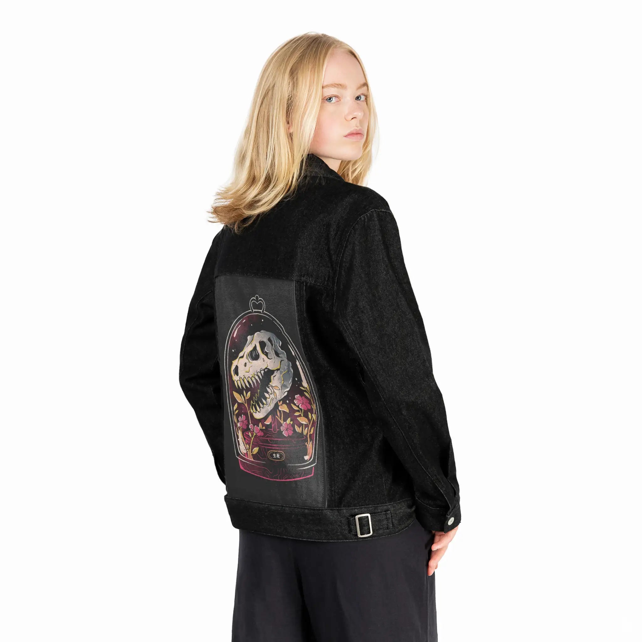 dinorelic patch on female og denim jacket in raven