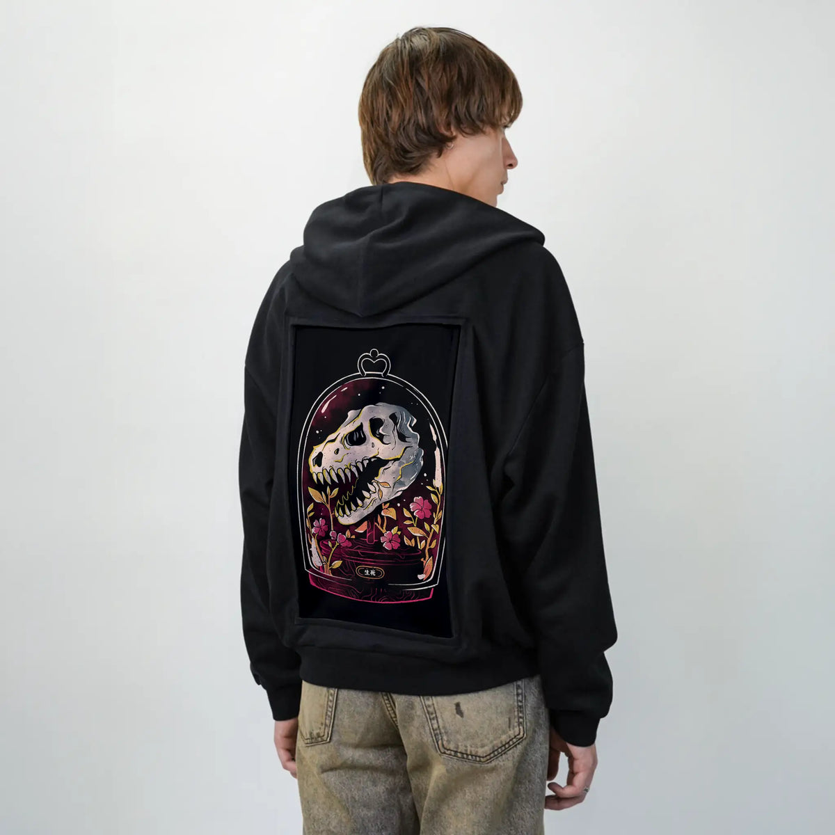 dinorelic patch on male essential zip hoodie in after hours