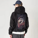 dinorelic patch on male retro cord hoodie in onyx