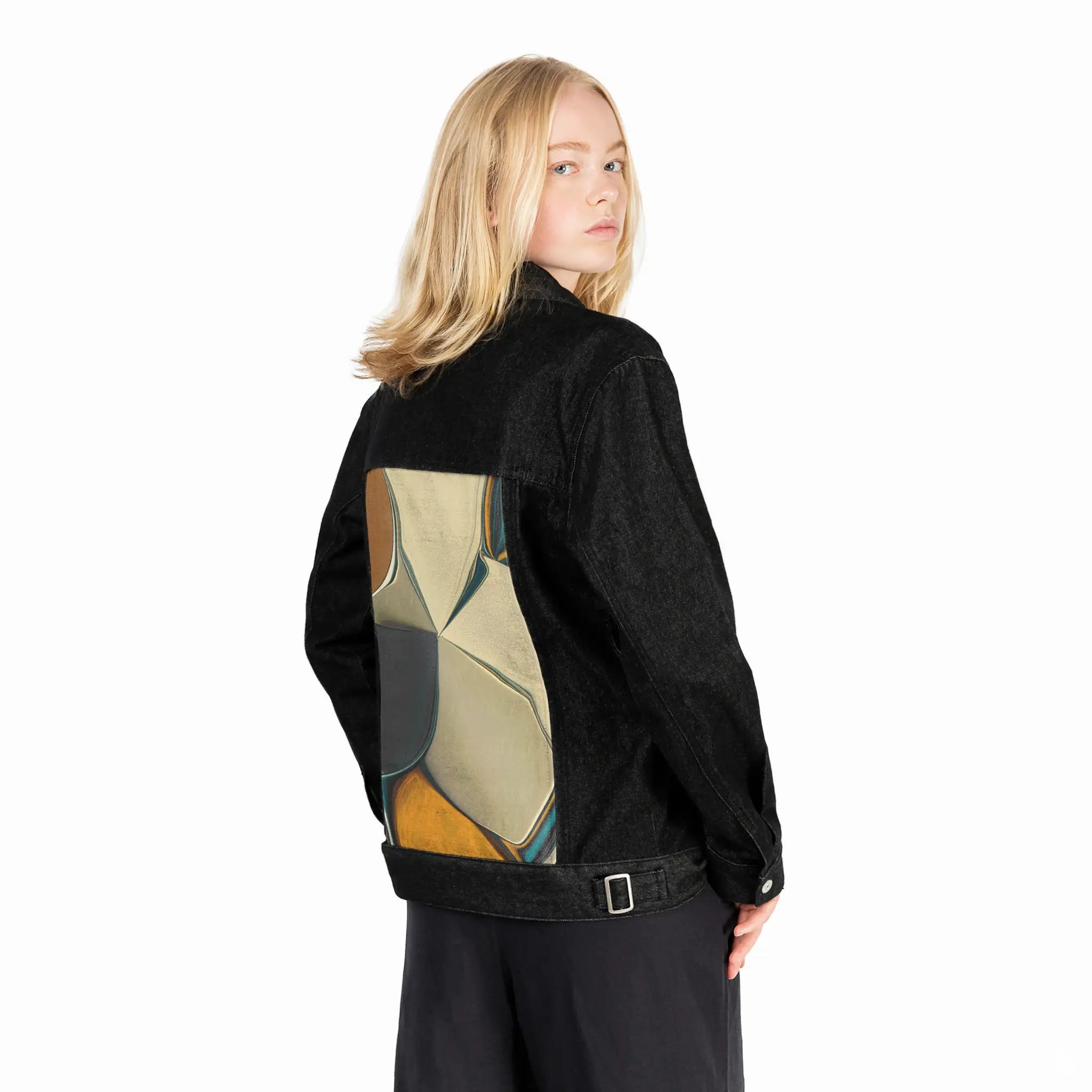 disbursal patch on female og denim jacket in raven