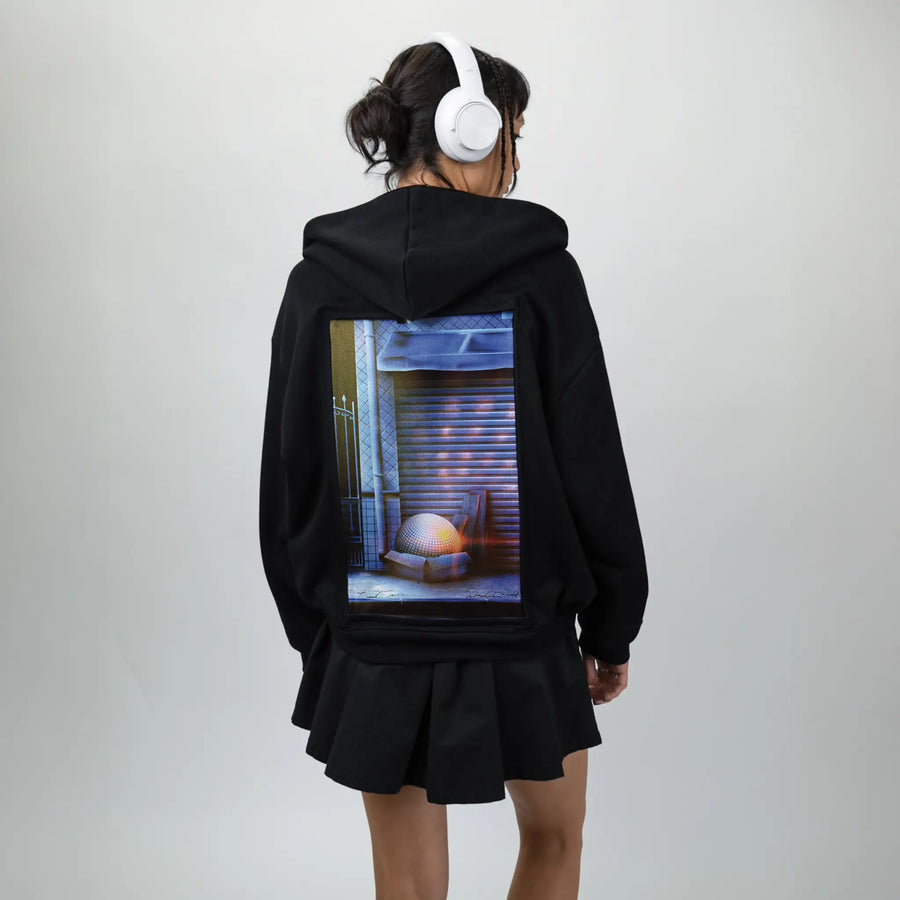 discoball patch on female essential zip hoodie in after hours