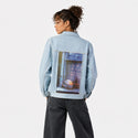 discoball patch on female og denim jacket in oceanside