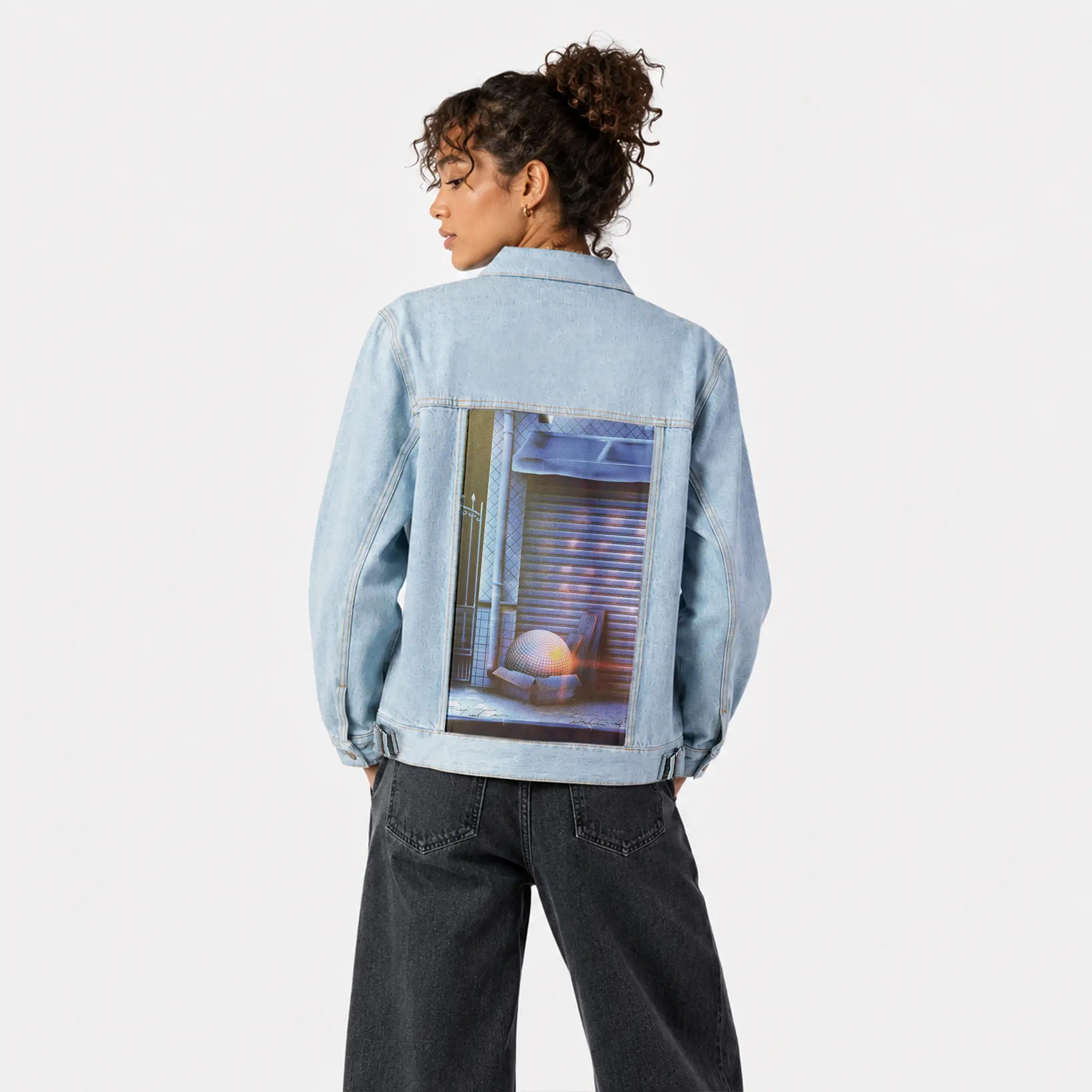 discoball patch on female og denim jacket in oceanside
