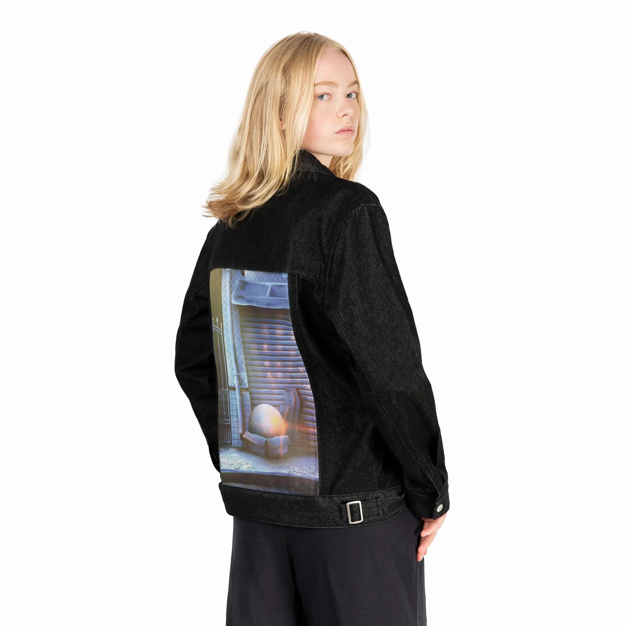 discoball patch on female og denim jacket in raven