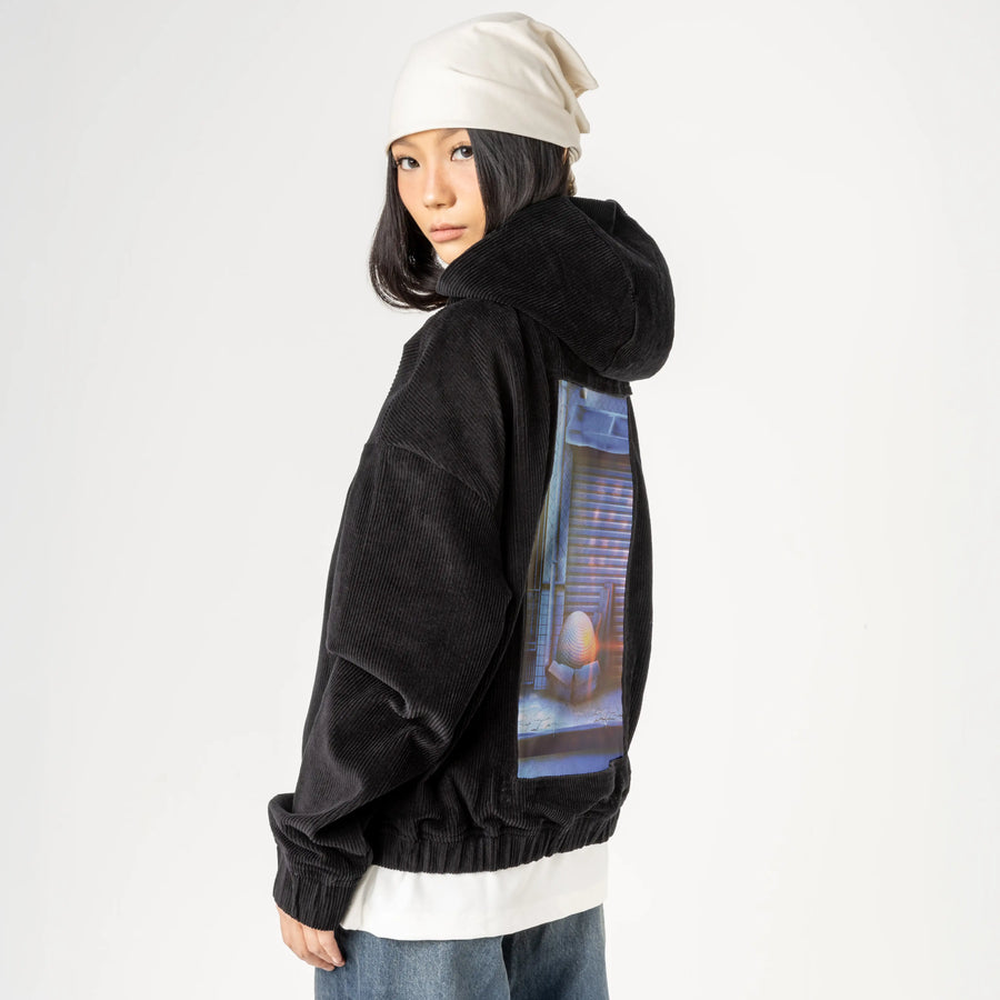 discoball patch on female retro cord hoodie in onyx