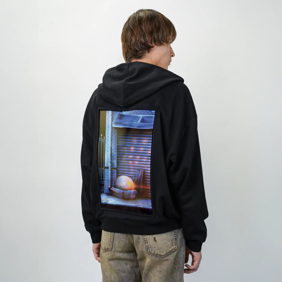 discoball patch on male essential zip hoodie in after hours