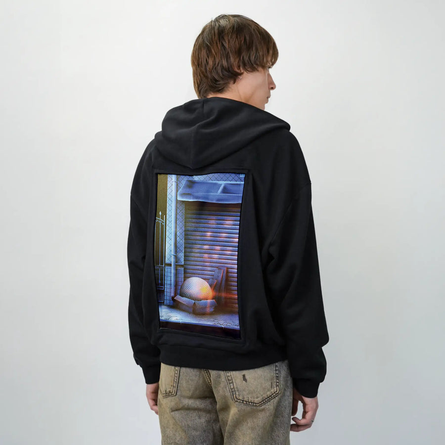 discoball patch on male essential zip hoodie in after hours