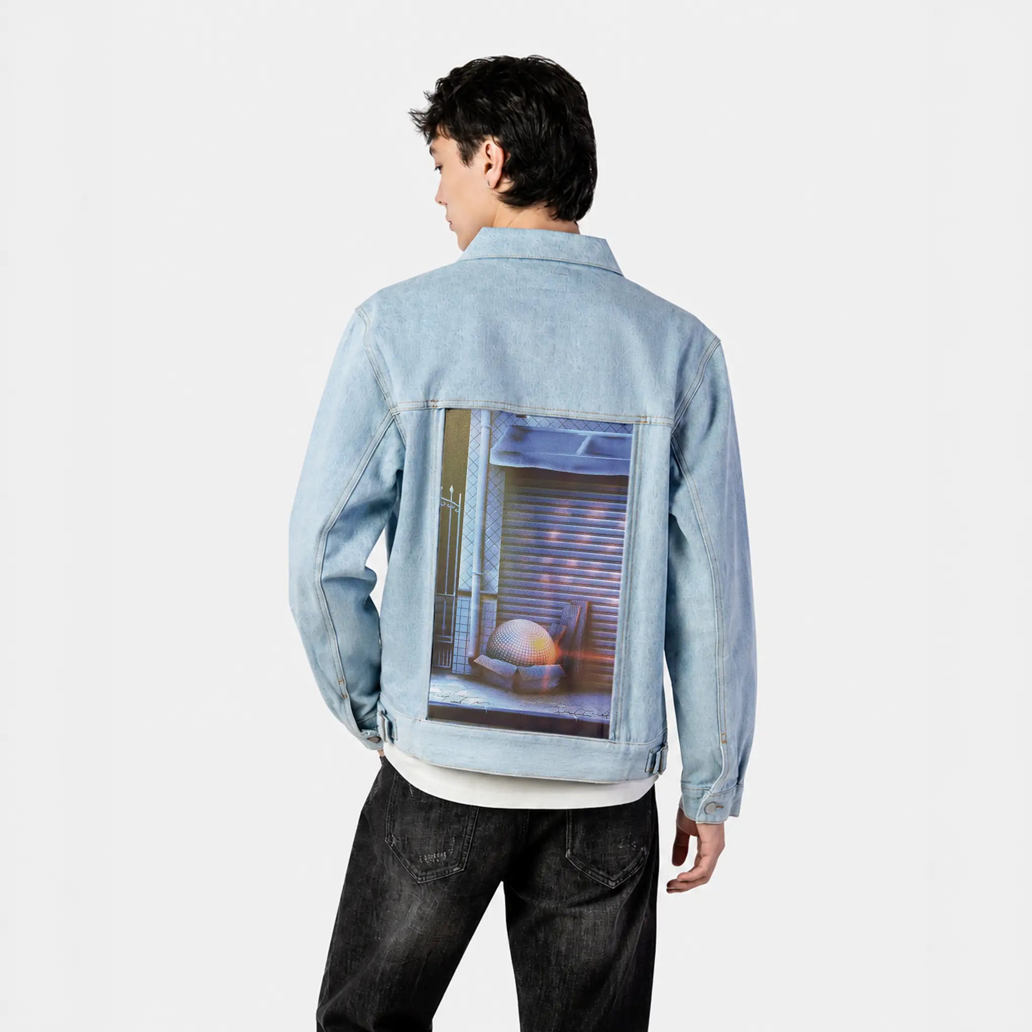 discoball patch on male og denim jacket in oceanside