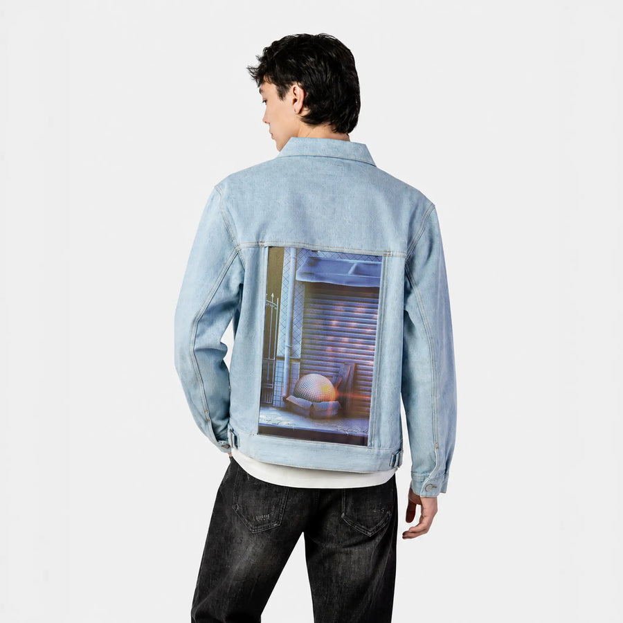 discoball patch on male og denim jacket in oceanside