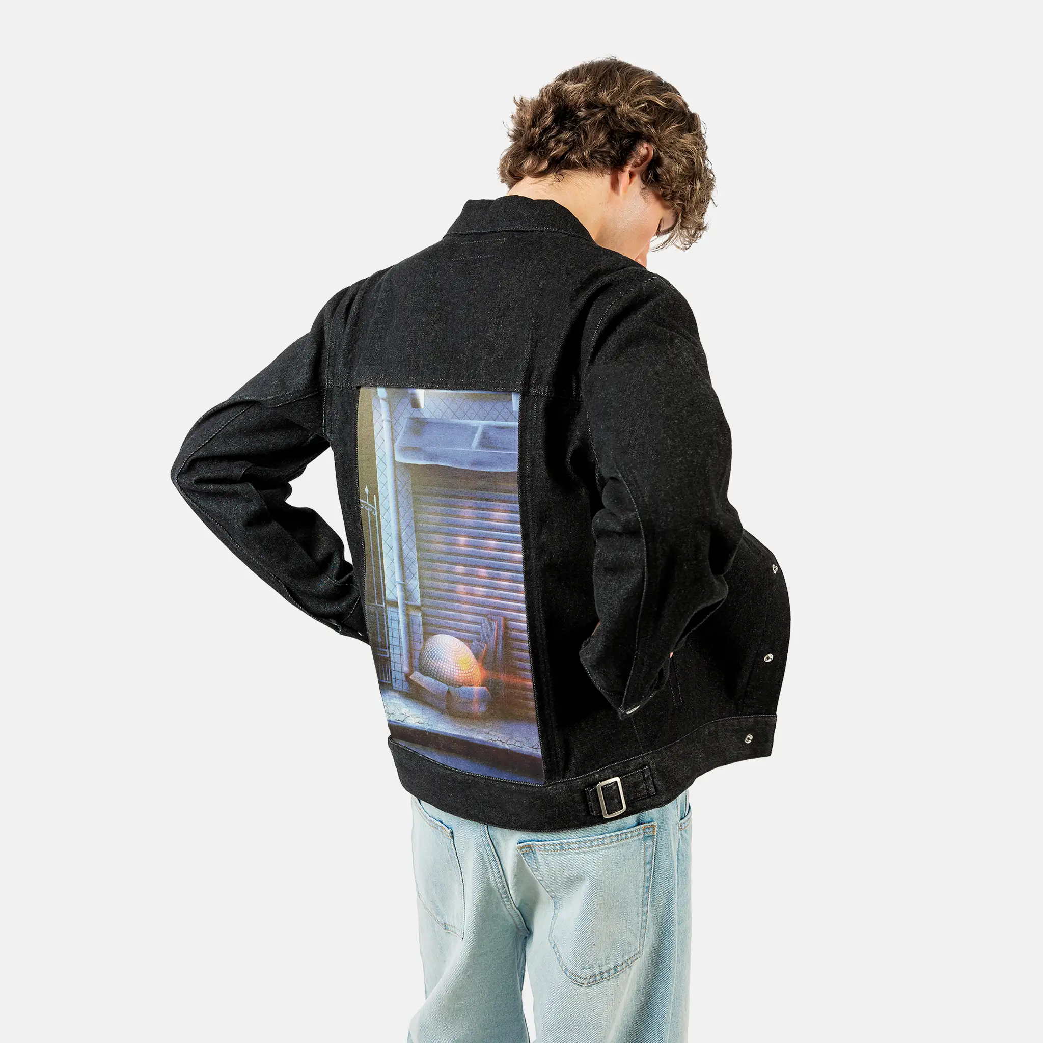 discoball patch on male og denim jacket in raven