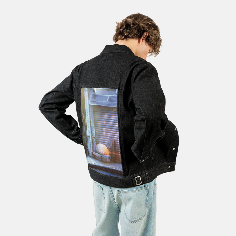 discoball patch on male og denim jacket in raven
