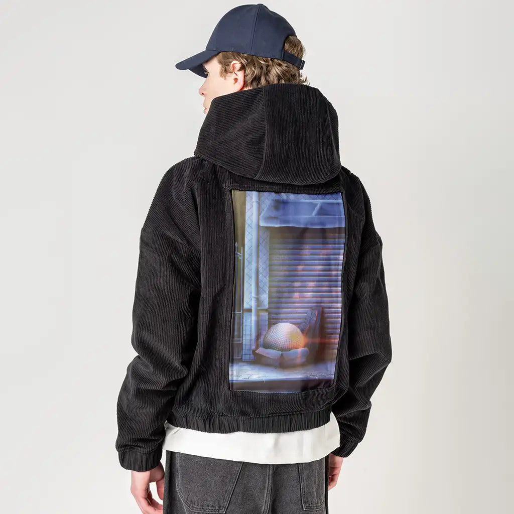 discoball patch on male retro cord hoodie in onyx