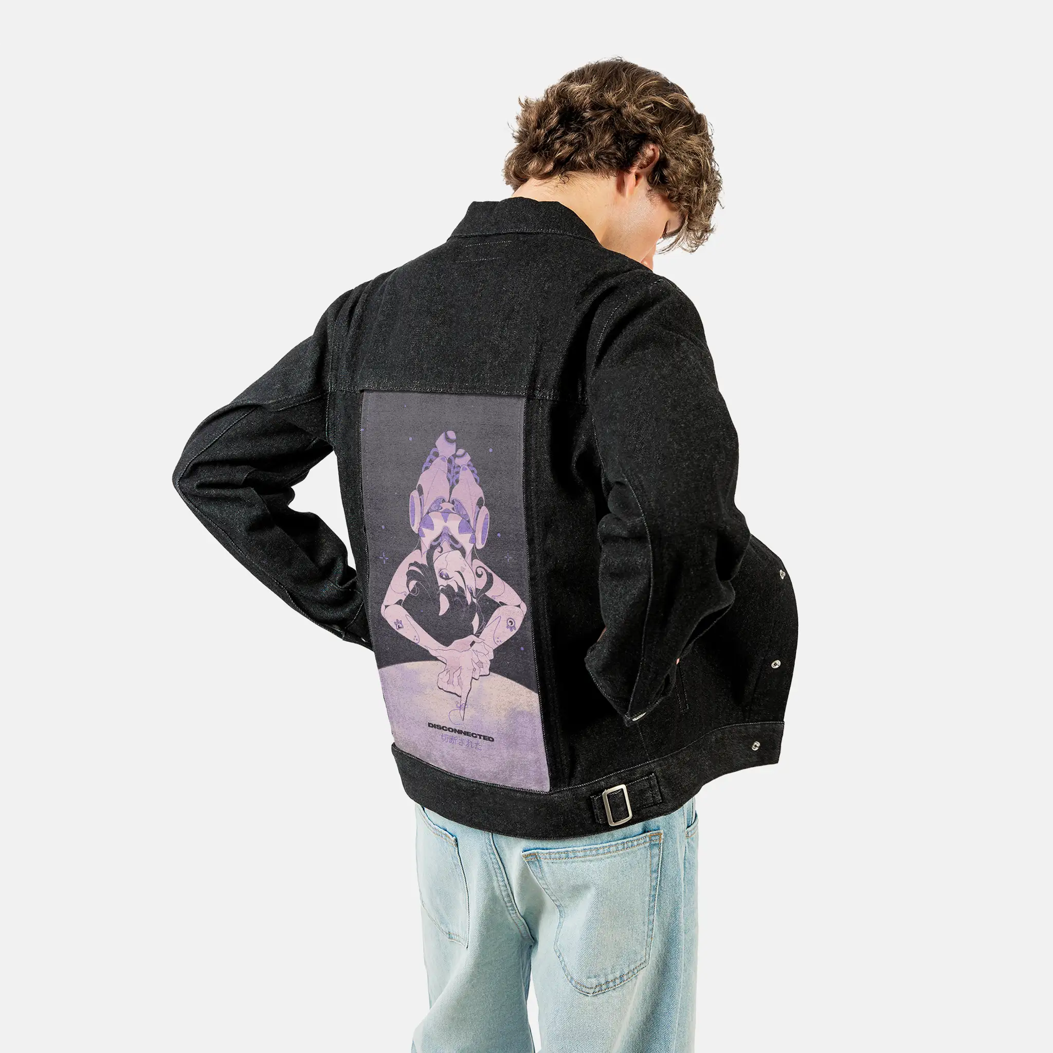 disconnected patch on male og denim jacket in raven