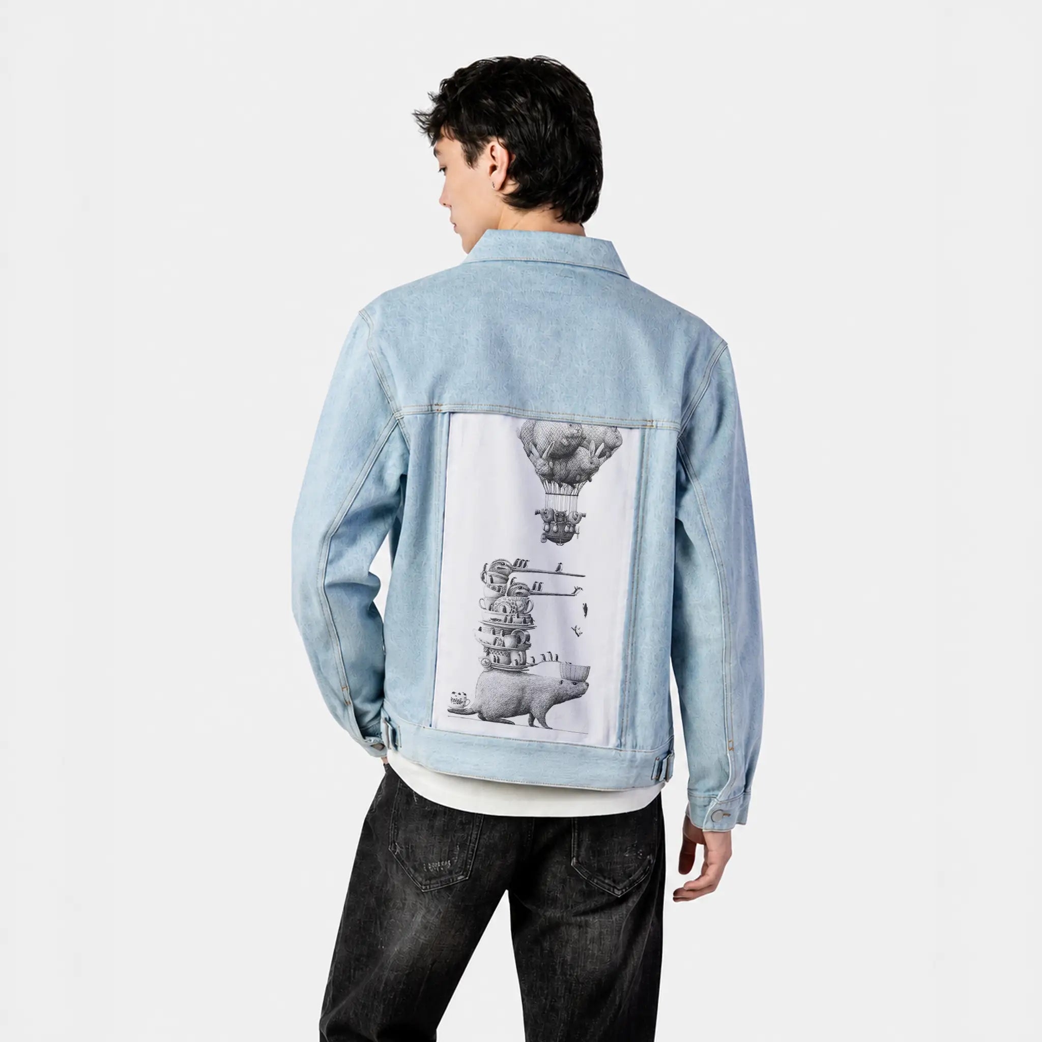 dishdiving patch on male og denim jacket in oceanside