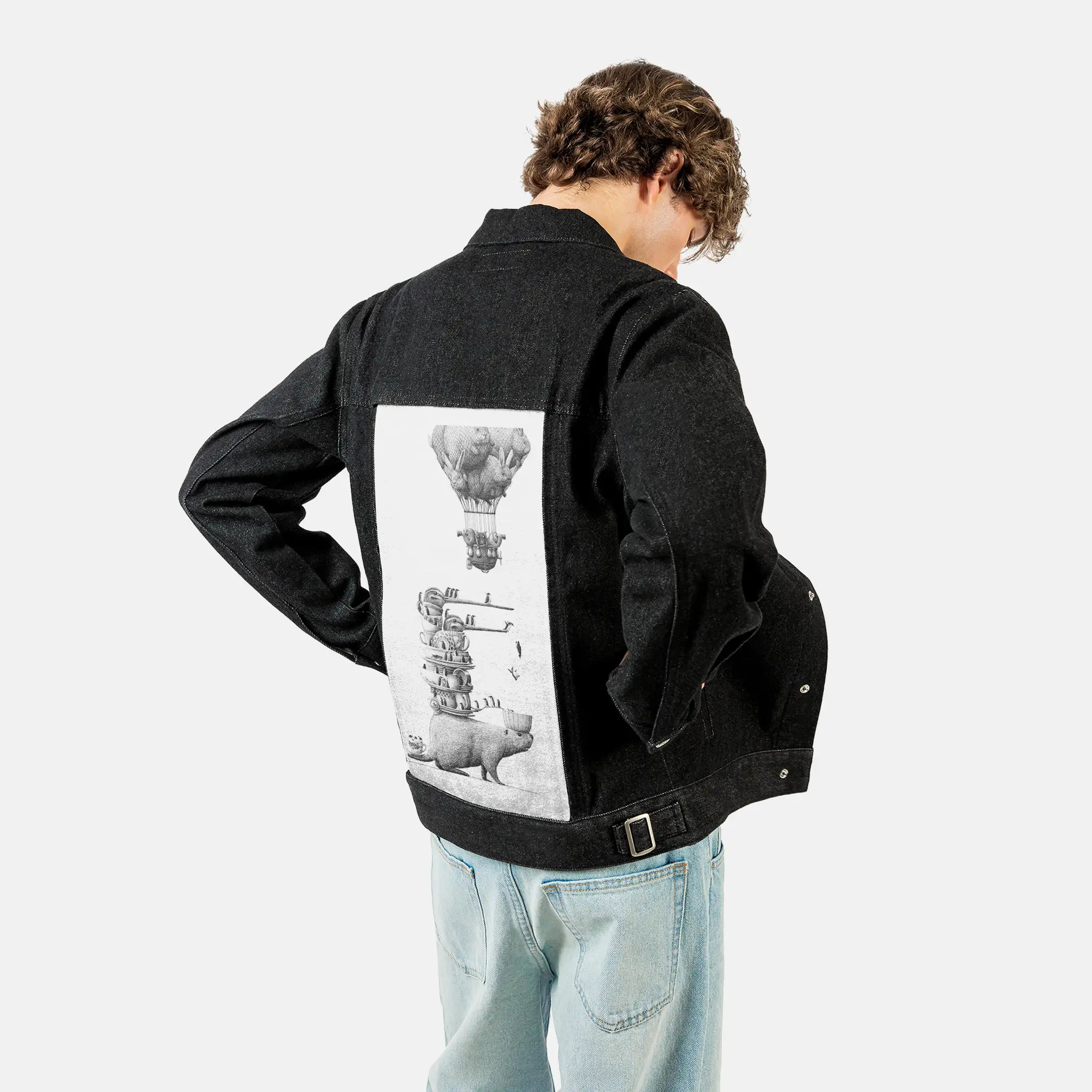 dishdiving patch on male og denim jacket in raven