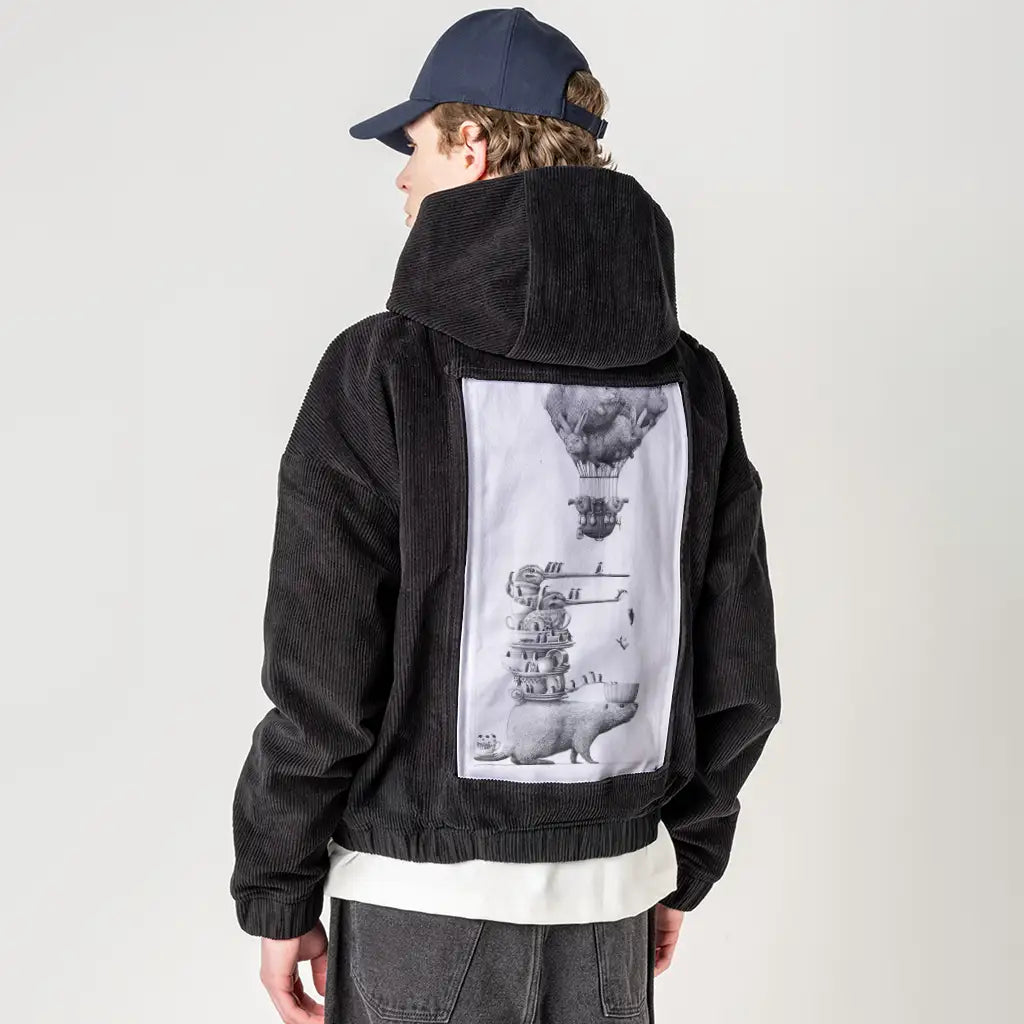dishdiving patch on male retro cord hoodie in onyx