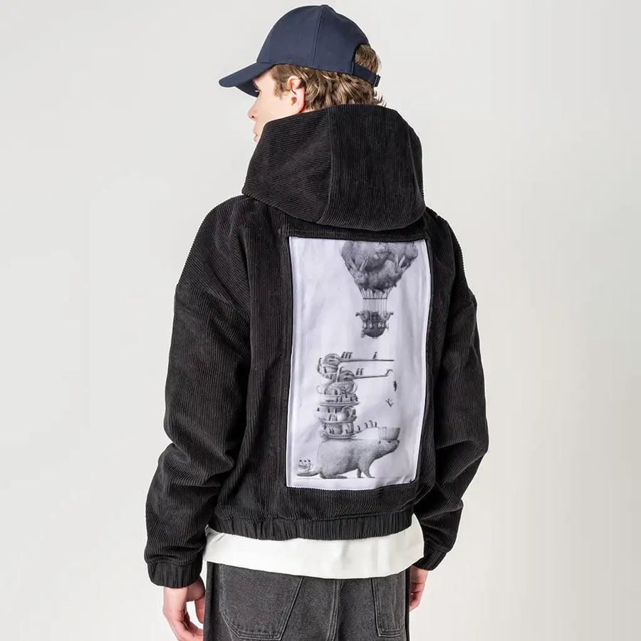 dishdiving patch on male retro cord hoodie in onyx