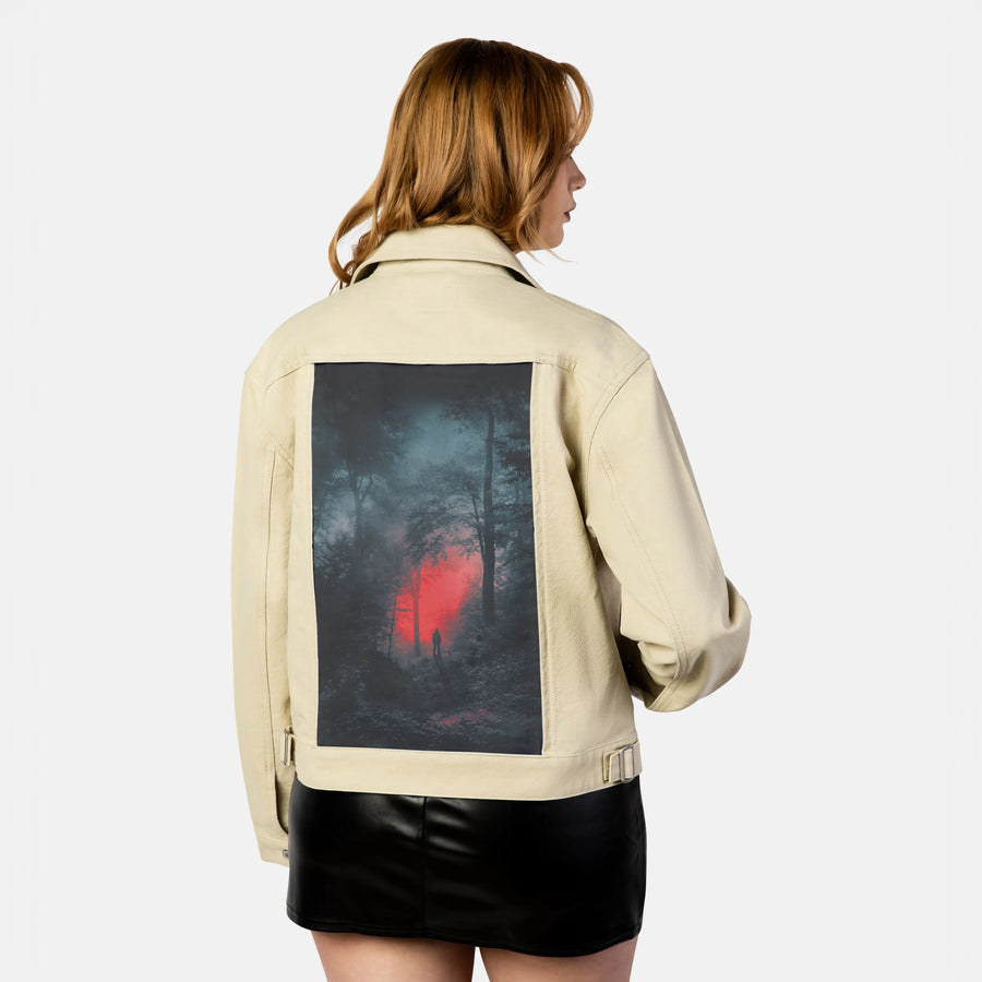 displaceddark patch on female atelier canvas jacket in tan