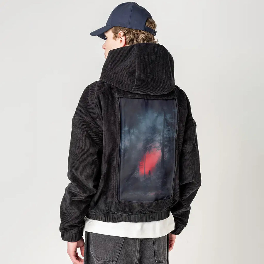 displaceddark patch on male retro cord hoodie in onyx