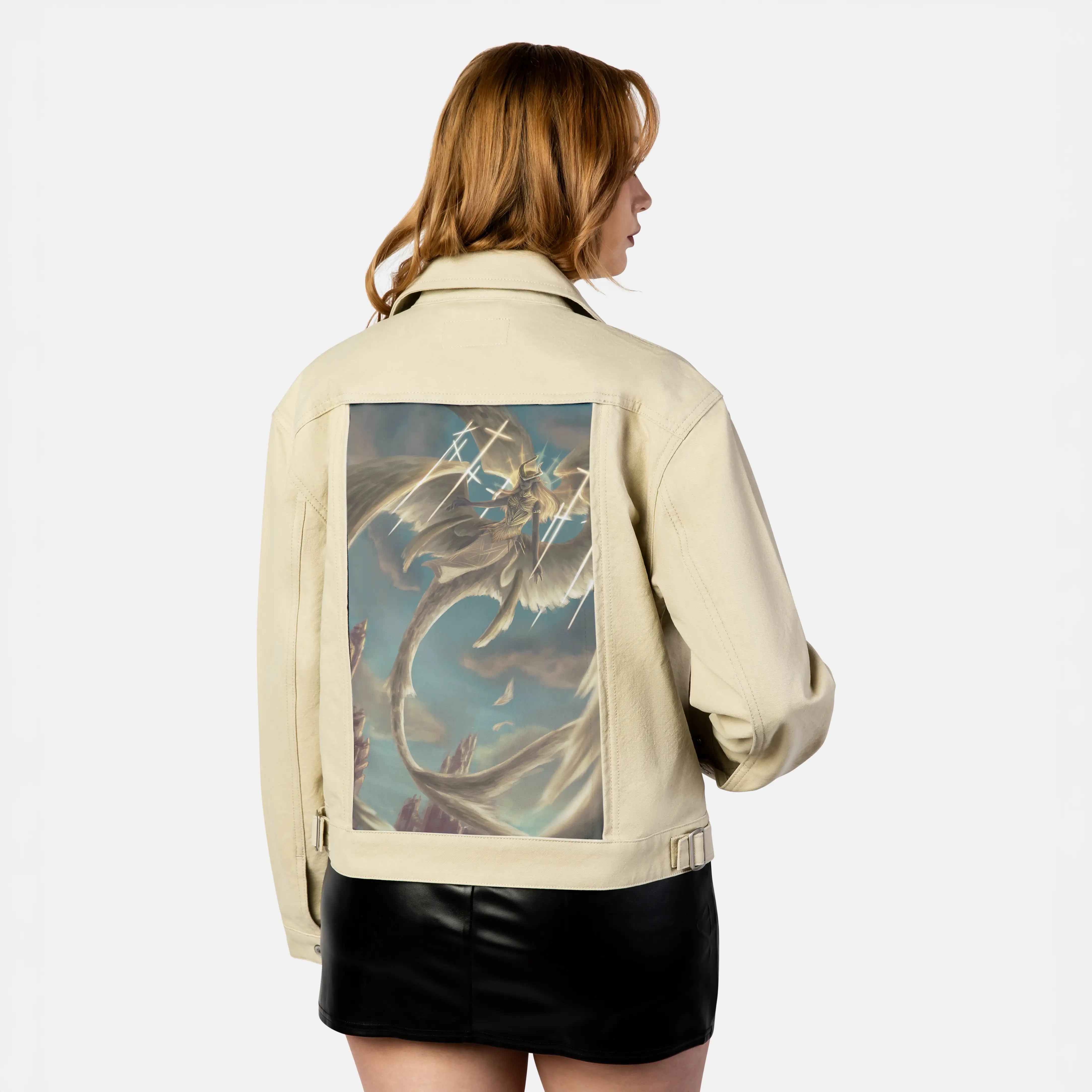 divinejustice patch on female atelier canvas jacket in tan