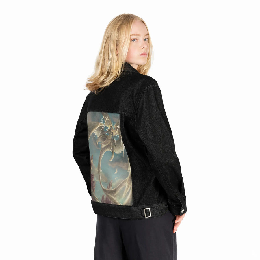 divinejustice patch on female og denim jacket in raven