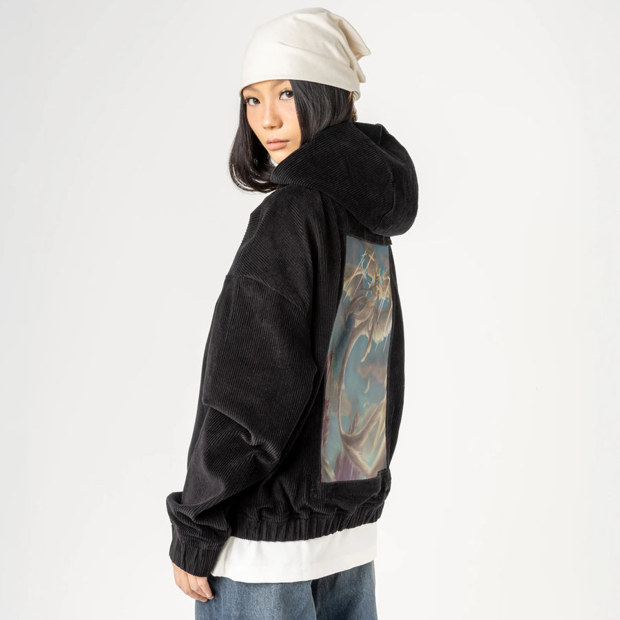 divinejustice patch on female retro cord hoodie in onyx